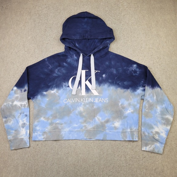 Calvin Klein Tops - Calvin Klein Tie Dye Cropped Hoodie Womens XL Blue Pullover Drawstring